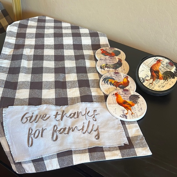 Bundle The Prairie Table runner “Give thanks for family” +ceramic coasters NEW - Picture 1 of 17
